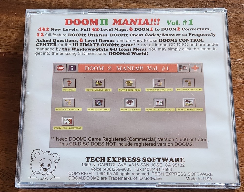 Doom II 2 Mania!!! PC Utilities Cheat Codes Level Editor Tech Express Software