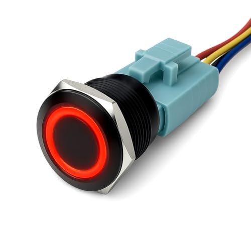 Black Aluminum Push Button Switch 22mm with Socket, 3A 12vDC Ring Latching Red