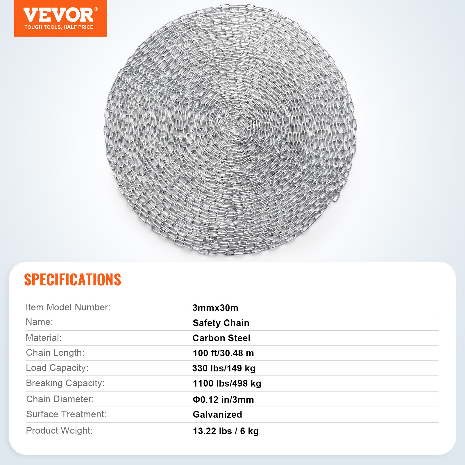 VEVOR 1/8" x 100' Zinc Plated Proof Coil Chain Carbon Steel Chain Sling 330 lbs