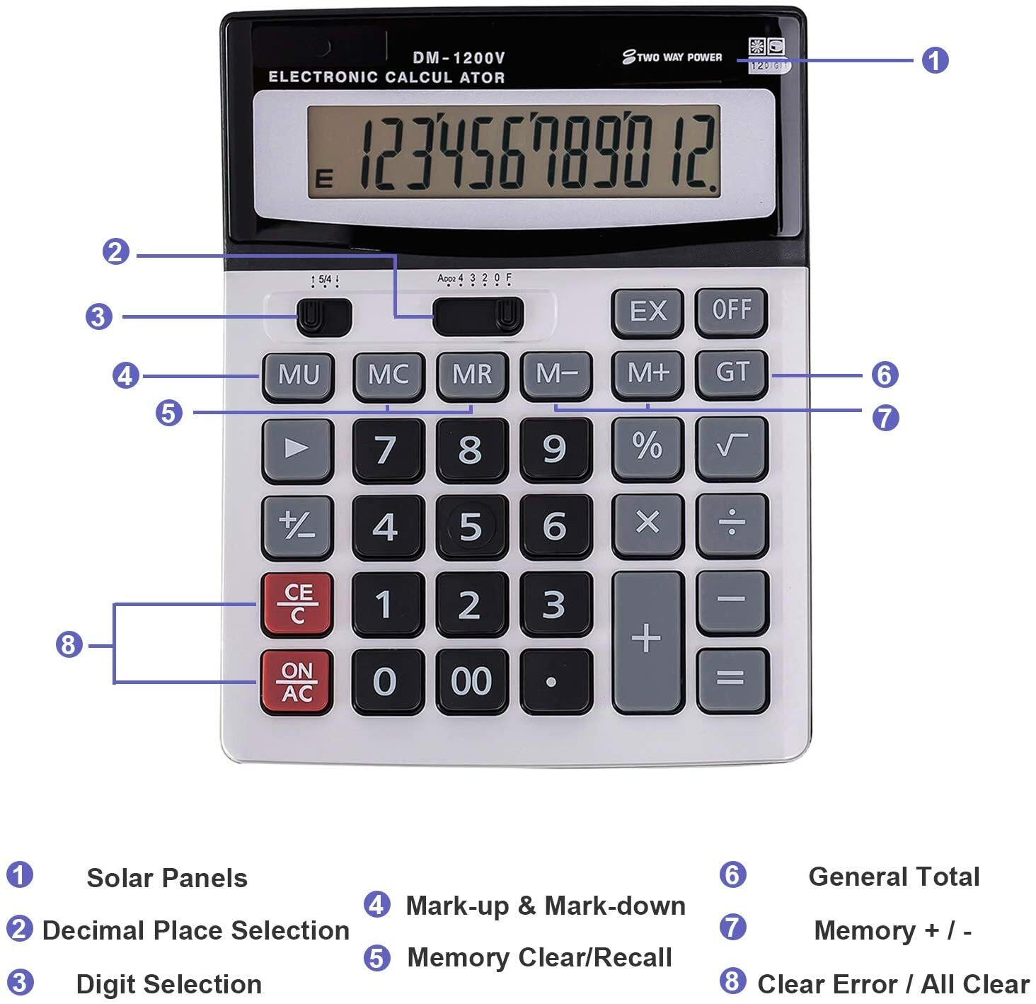 12-Digit Desktop Calculator Standard Function Dual Power Calculator Solar and AA