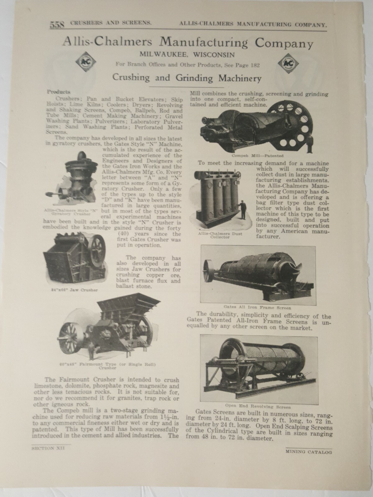 1923 print ad  ALLIS-CHALMERS crushing & Grinding equipment Dust Collector
