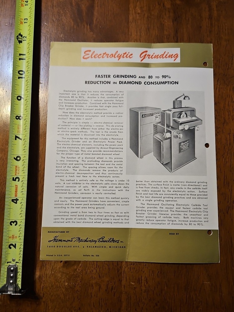 HAMMOND ELECTROLYTIC CARBIDE TOOL GRINDERS MACHINE CATALOG