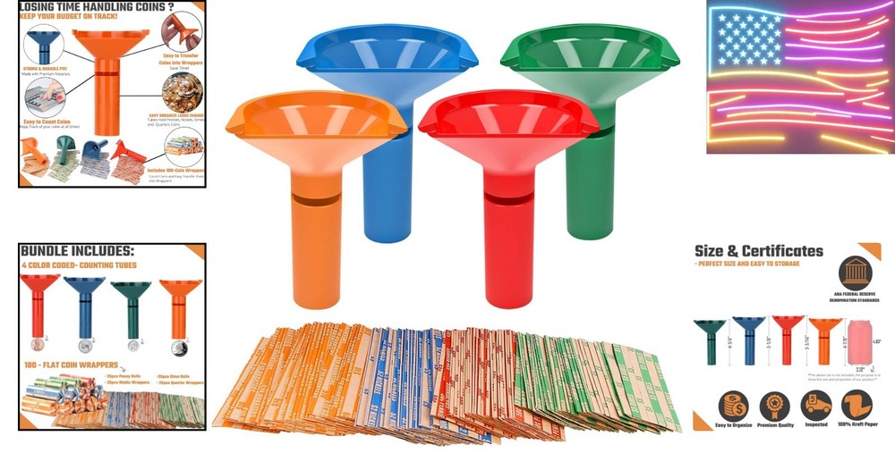 Coin Storage & Sorter Tubes 4 Color – Coded Coin Counters Tubes and Assorted ...