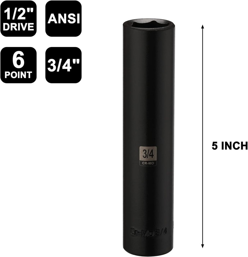 Mayouko 1/2" Drive 3/4" Extra Long Deep Impact Socket, CR-MO, 6 Point, Large