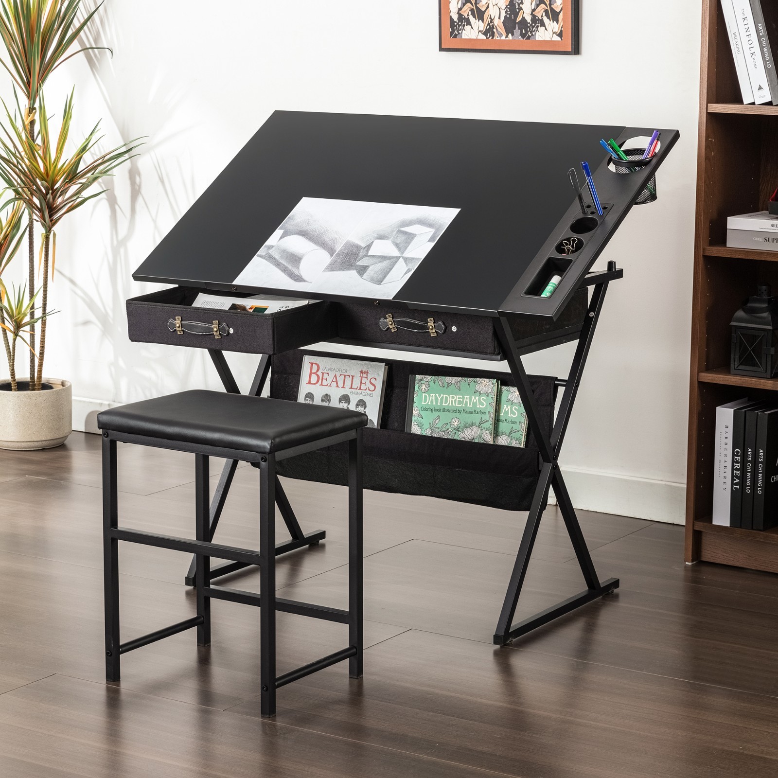 Vecelo Drafting Table Art Desk Art Table Adjustable Drawing Table w/Drawer Stool