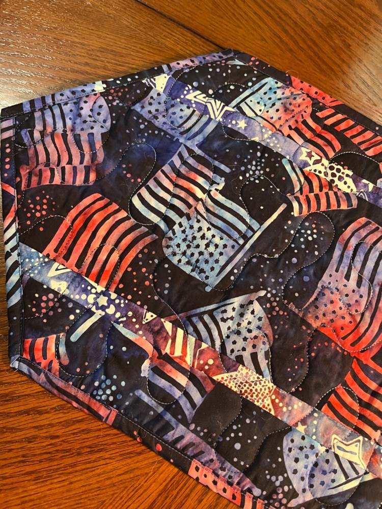 Handcrafted- Quilted Table Runner - Patriotic Runner - Flags in Red/Blue Batik