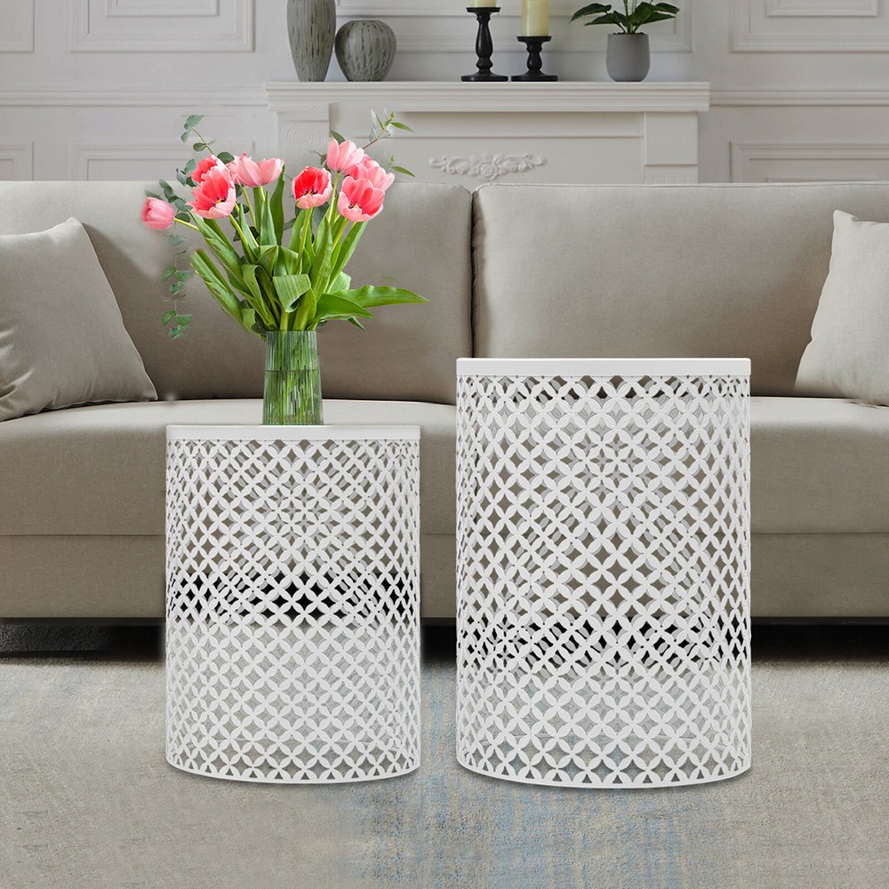 2PCSModern In/Outdoor Side Table Metal Frame Accent Table Round End Table Decor