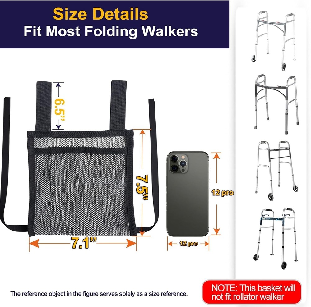 Lightweight Walker Side Bag Mesh Organizer for Essentials - Easy Attach Black