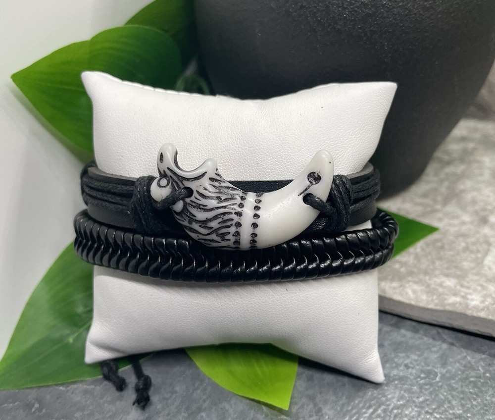 2 PC PU Leather Bracelet  Stackable Adjustable Tie Free Ship B3295