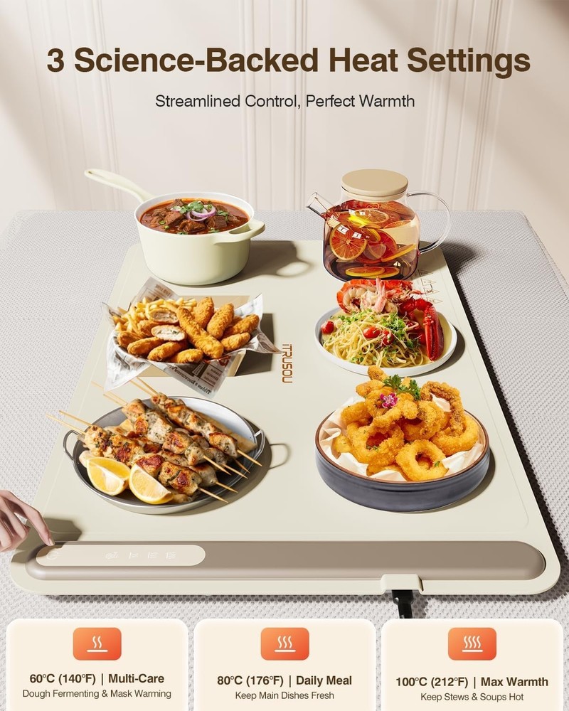 Beige Silicone Food Warming Tray - Touch Controls