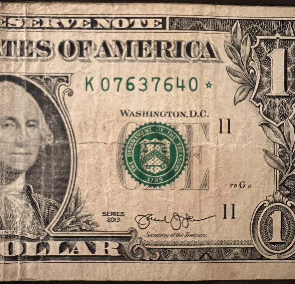 2013 $1 Star Note K07637640* Ink Error!