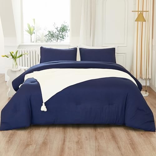 Comforter King Size, 3 Pieces Lightweight Solid King (104"x90") Navy Blue
