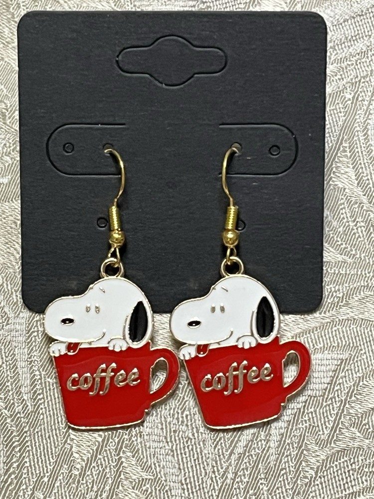 Snoopy Coffee Gold Loop Enamel Drop Dangle Adorable Boho Trendy Earring Set