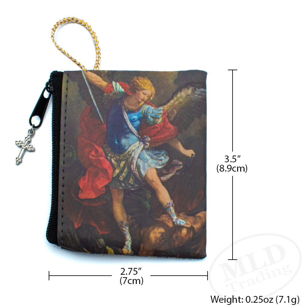 Archangel Saint Michael Rosary Pouch Case | Zippered Imit. Leather | Cross Charm