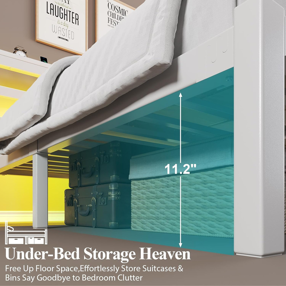 Full Size Bed Frame with Storage Headboard, Industrial Platform Bed with Chargin