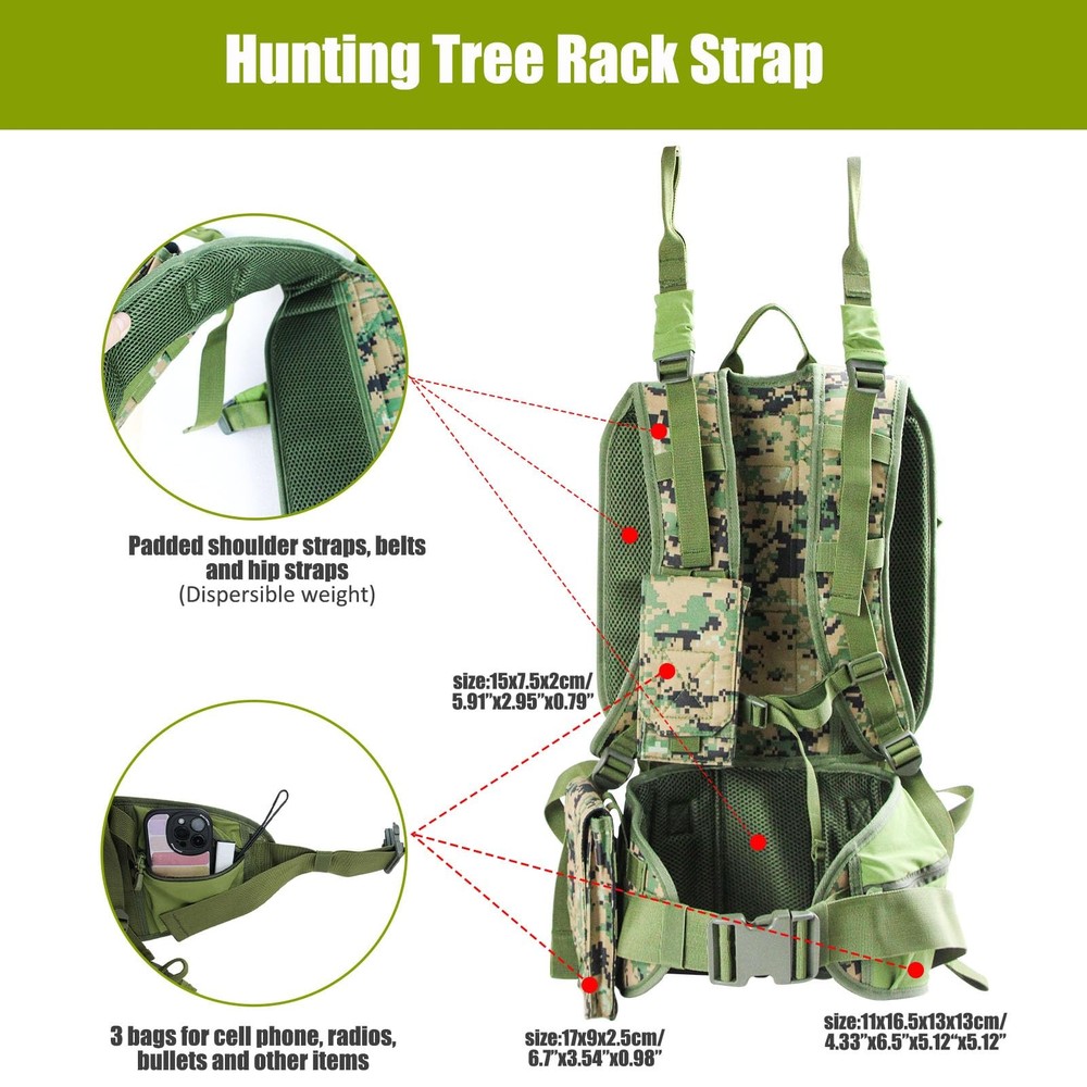 Tree Stand Carrier Backpack with Padded Straps, 8 Connection Points & 3 Pockets,