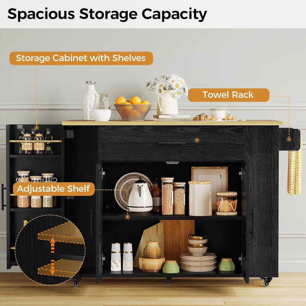 Rolling Kitchen Island Cart with Drop Leaf, Storage Drawer & Towel Rack