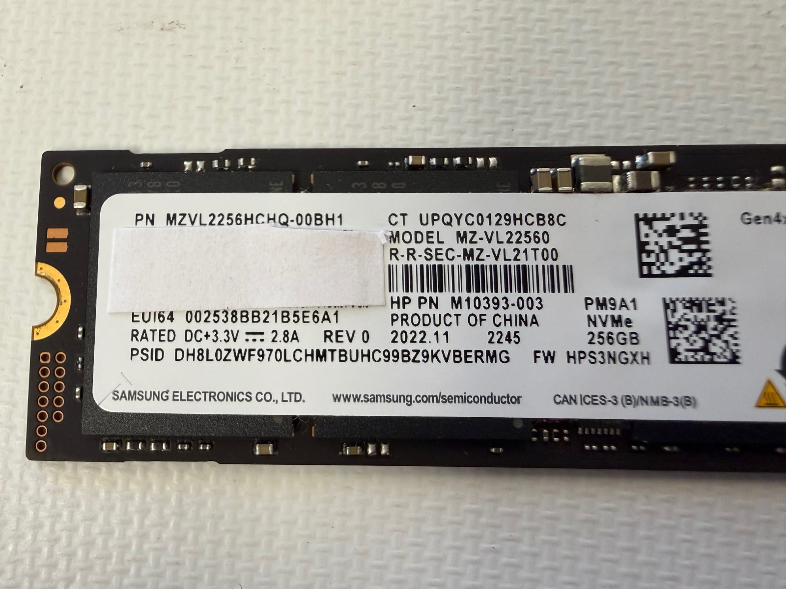 HP M10393-003 256GB NVME SSD PM9A1 PCIE GEN4X4 SAMSUNG MZ-VL22560
