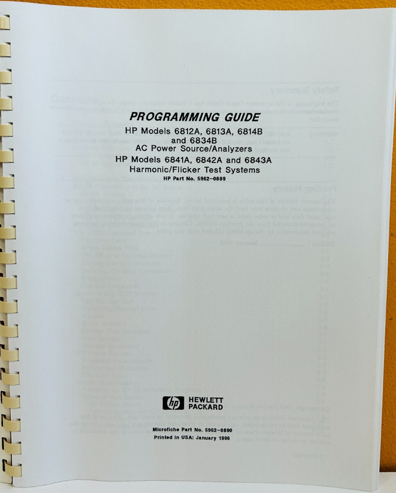 HP Agilent 5962-0889 1996 AC Power Source/Analyzers Programming Guide Manual.