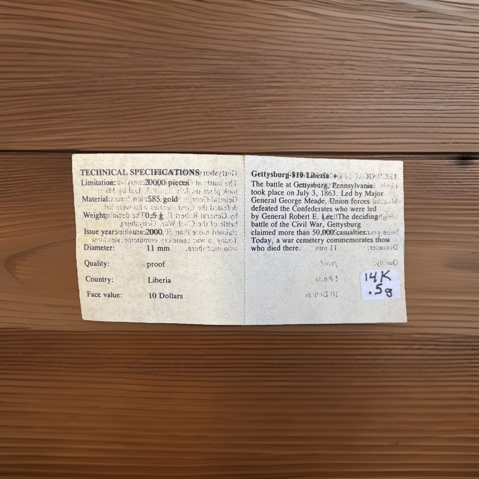 Republic of Liberia 2000 14k Gold .5g Proof Civil War Robert E. Lee 10 Dollars