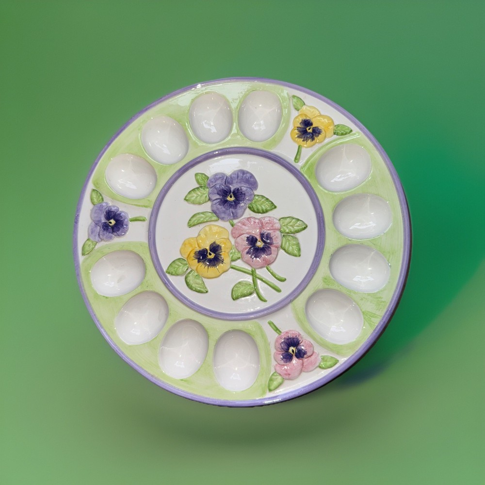 Vtg Papel Pretty As A Pansy Deviled Egg Platter! Handpainted! Easter! 12”