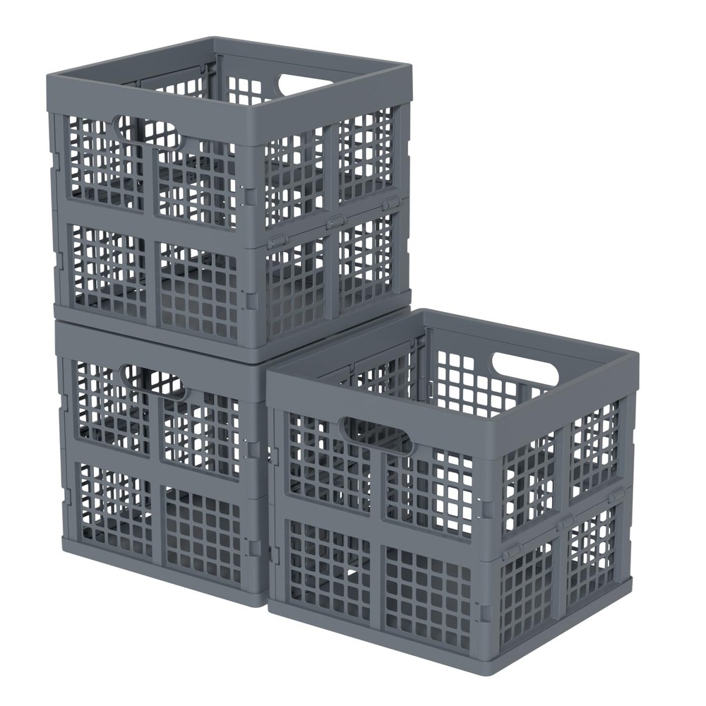 18 L Plastic Collapsible Crates Gray Stackable Plastic Milk Crate 3 Pack