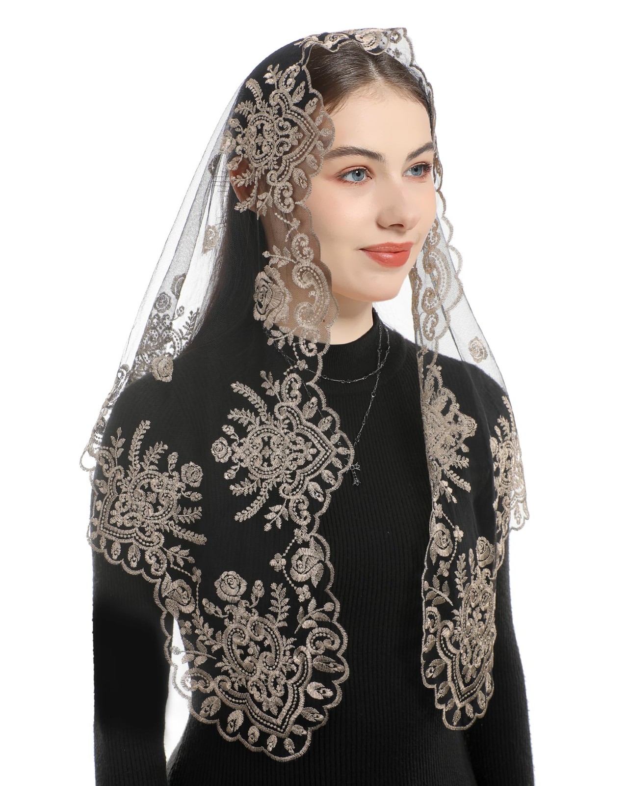 Mantilla Veils for Church Catholic, Triangle Black Gold Sacred Heart of Mary ...