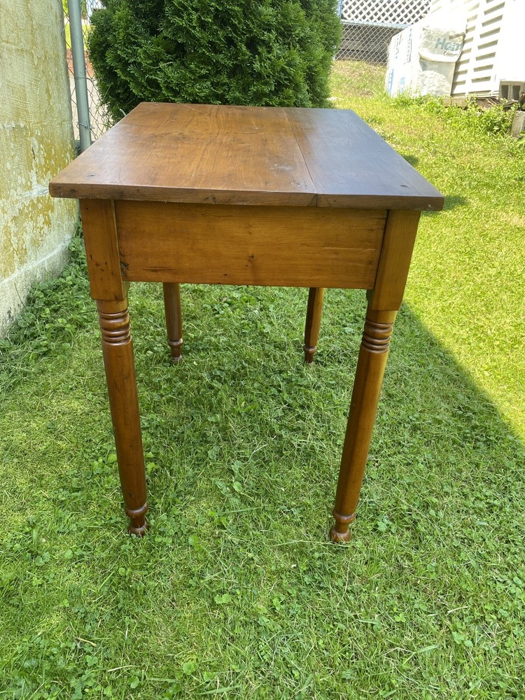 Antique Solid Maple Farmhouse Table with Drawer, Turned Legs, Rustic Desk
