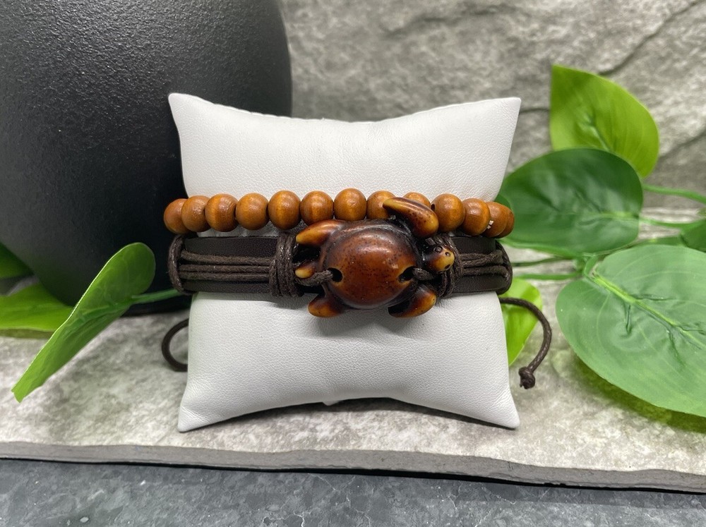 2 PC Leather Bracelet Wood Bead Stackable Adjustable Tie Free Ship B2897