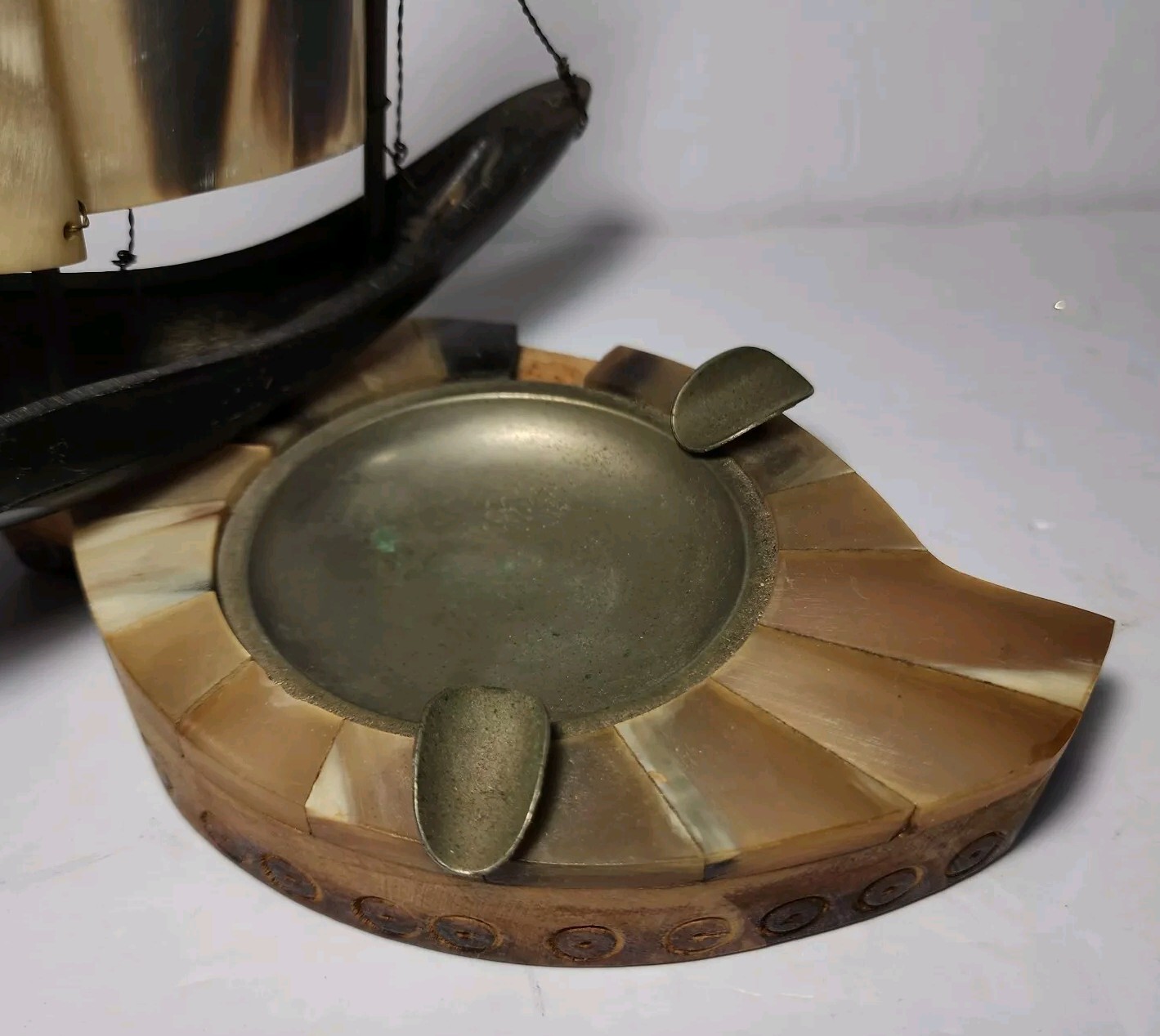 Vtg Carved Horn Sailing Clipper Ship Ashtray Nautical Pirate Scooner Boat Rare