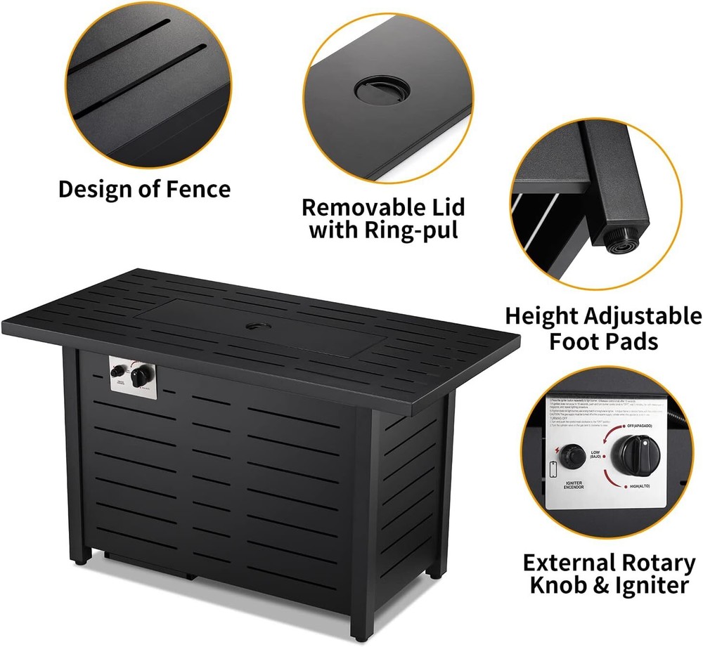 Fire Pit Propane Gas FirePit Table 43" Outdoor Rectangular Tabletop with Lid