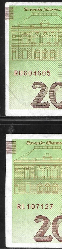 SLOVENIA; 200 TOLAR NOTE / 200 tolarjev 1997 2 x notes, one cutting error