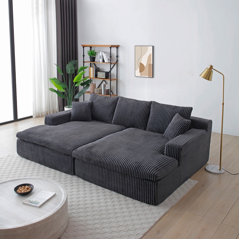 Modern Sectional Sofa Bed Corduroy Upholstered Modular Couch With Double Chaise