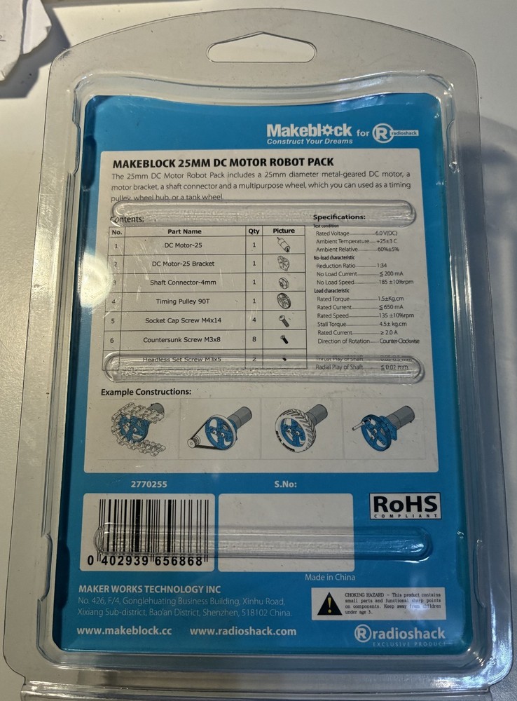 RadioShack Makeblock 25MM DC Motor Robot Pack, NIP