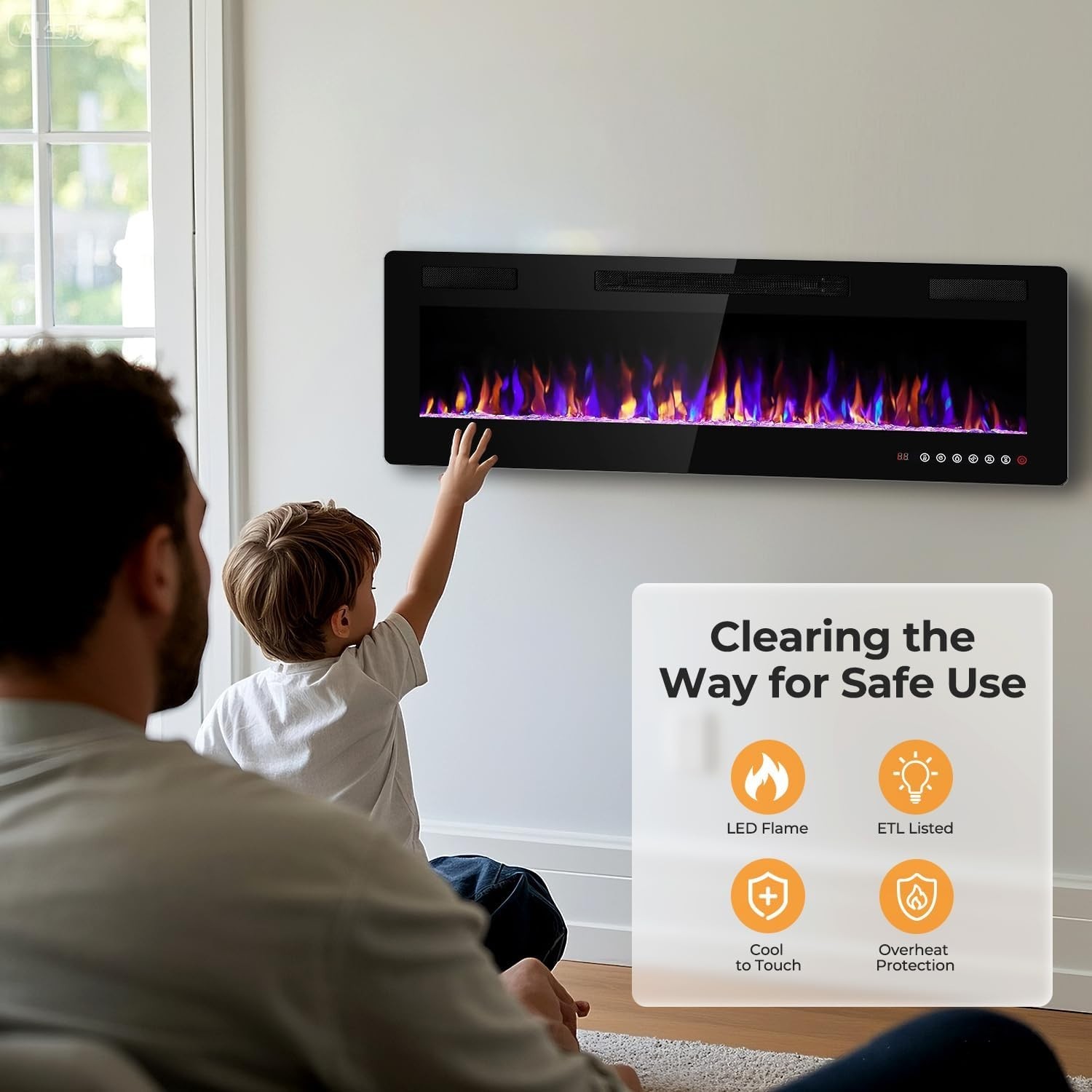 60" Electric Fireplace Recessed and Wall Mounted, 750/1500W Ultra-Thin Electric