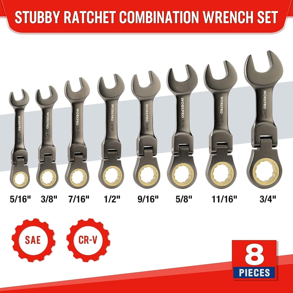 WORKPRO 8-Piece Ratcheting Combination Wrench Set with Rolling Pouch 72-Teeth