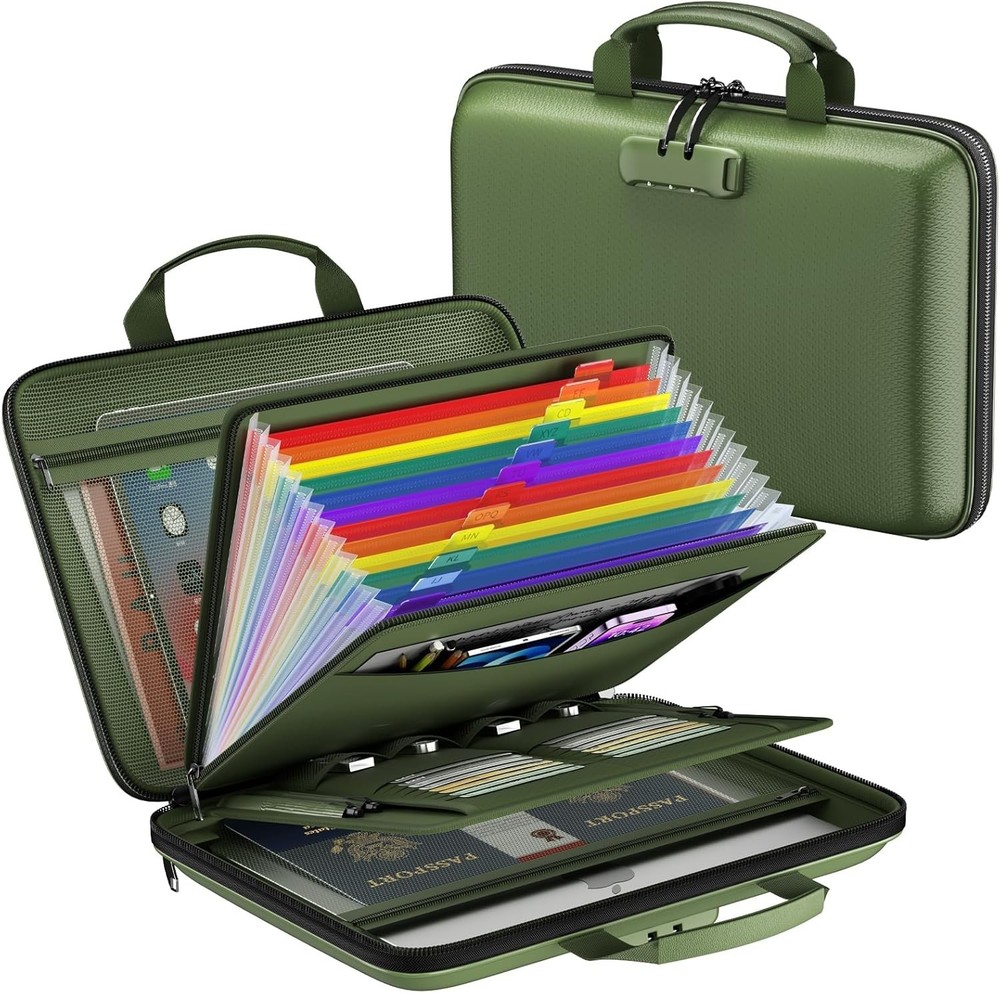 Fireproof File Organizer,Fireproof Document Box with Lock,Large 13 Pocket Green