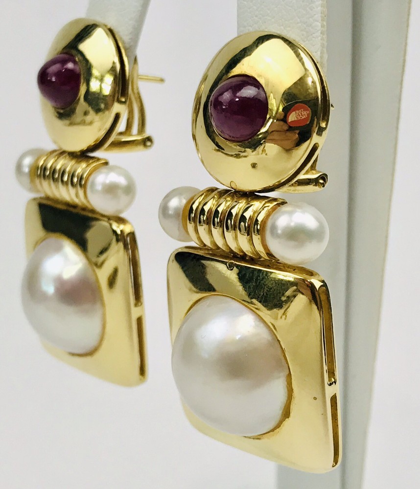 Art Deco 18k Solid Yellow Gold Mabe Pearl & Ruby Drop Dangle Omega Back Earrings