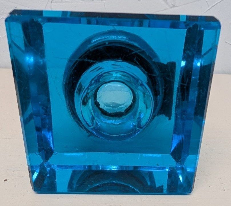 Antique Peacock Blue Glass Ink Well 1880s. Hand cut crystal.