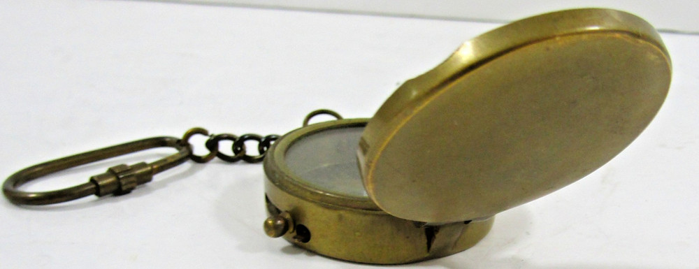 Antique Brass Lidded Compass with Keychain 1 3/4" Diameter