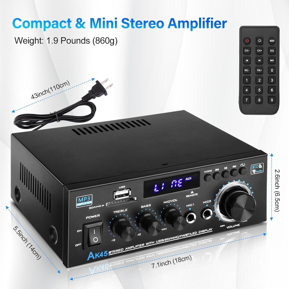 Stereo Receiver AK45: Bluetooth 5.0 300Wx2 Max Power Home Audio Amplifier