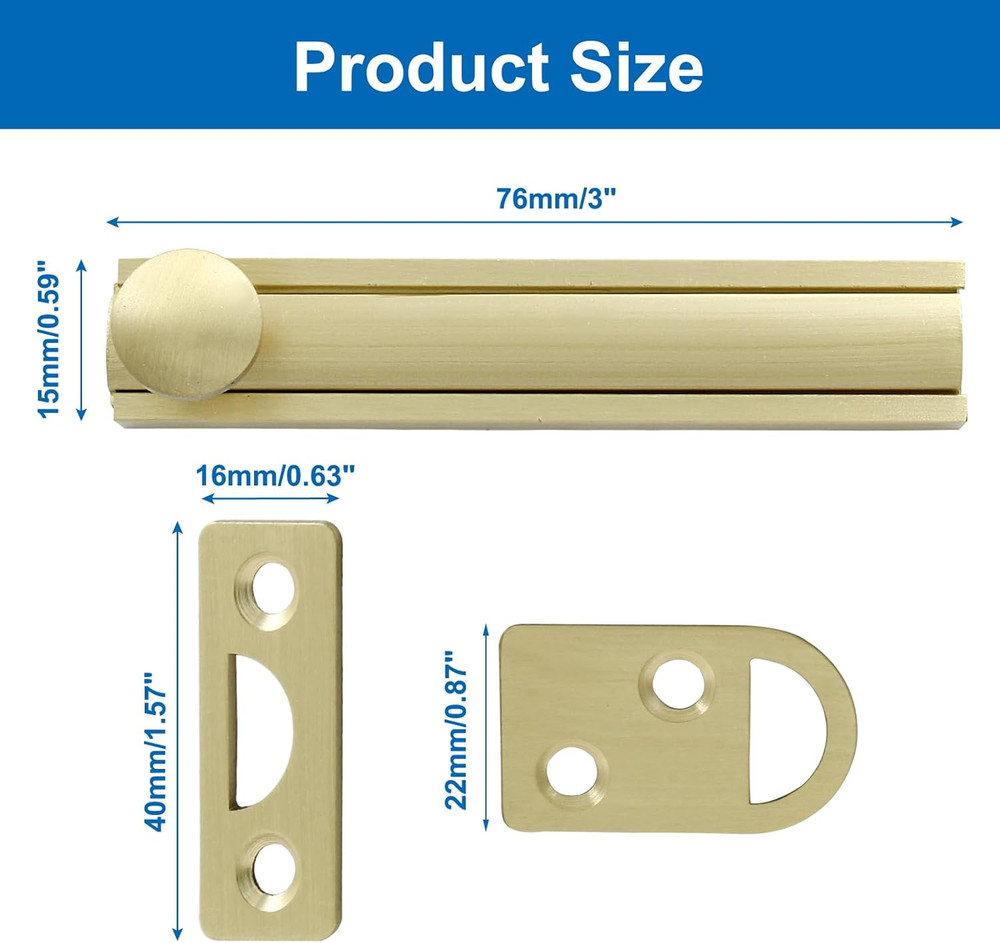 3 Inch Solid Brass Surface Bolt, Brass Slide Bolt Latch, Cabinet Surface Bolt wi