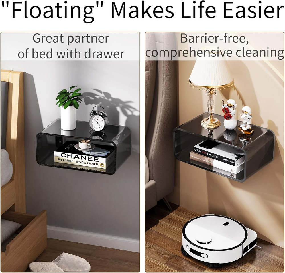 Black Acrylic Floating Nightstand - Wall Mounted Bedside Shelf (Small)
