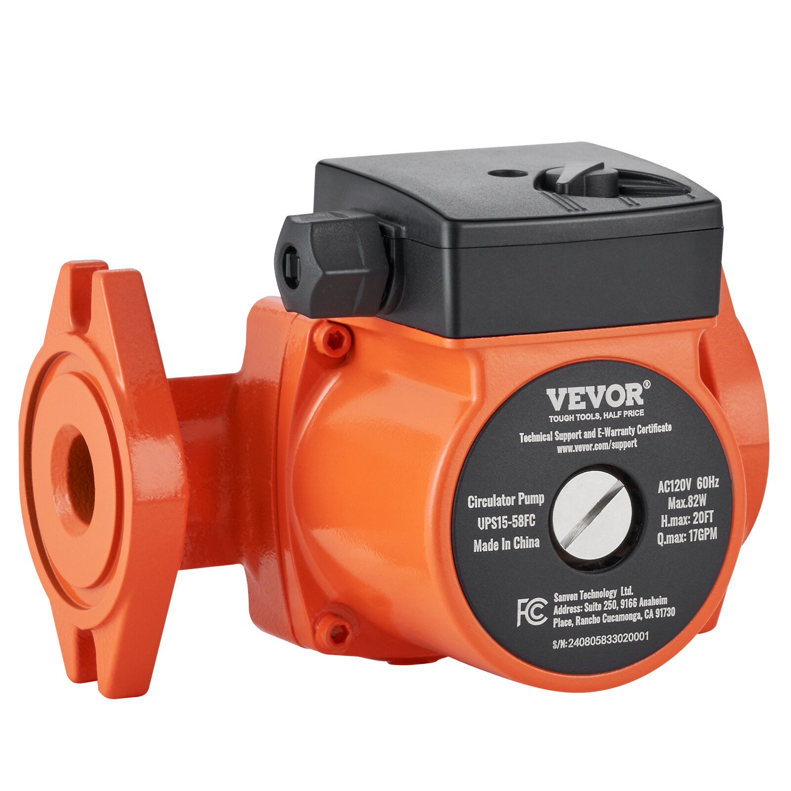 VEVOR UPS15-58FC Hot Water Circulation Pump 110V 82W 17 GPM Recirculating Pump