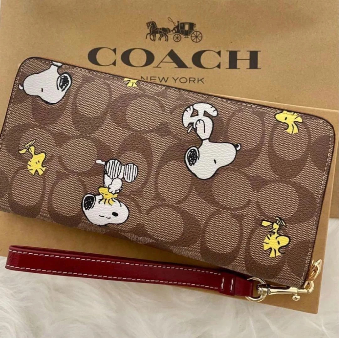 COACH x PEANUTS Long Zip around Wallet Snoopy Woodstock Khaki Signature CE705
