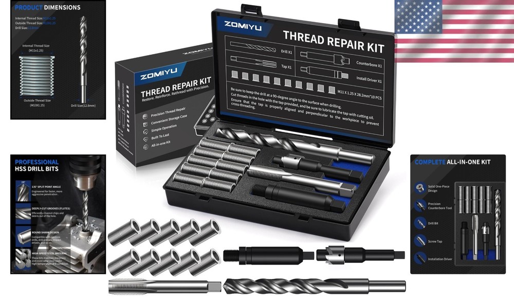 Complete M11x1.25 Metric Thread Restoration Set, 10 Inserts