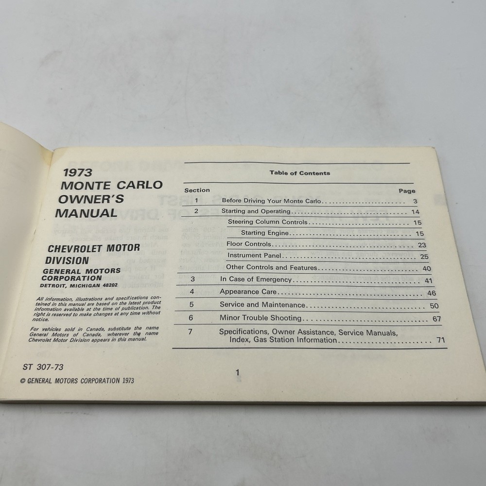 1973 Monte Carlo Owners Manual Original