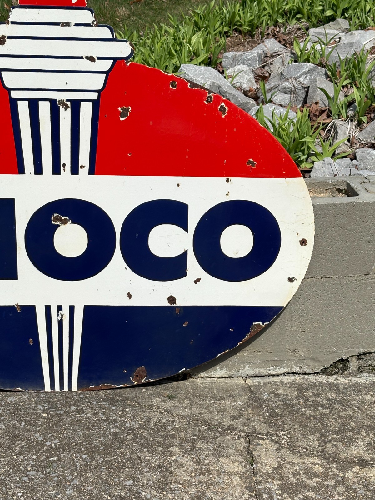 ORIGINAL 1950's "AMOCO GASOLINE" LARGE DOUBLE SIDED PORCELAIN DEALER SIGN, NICE