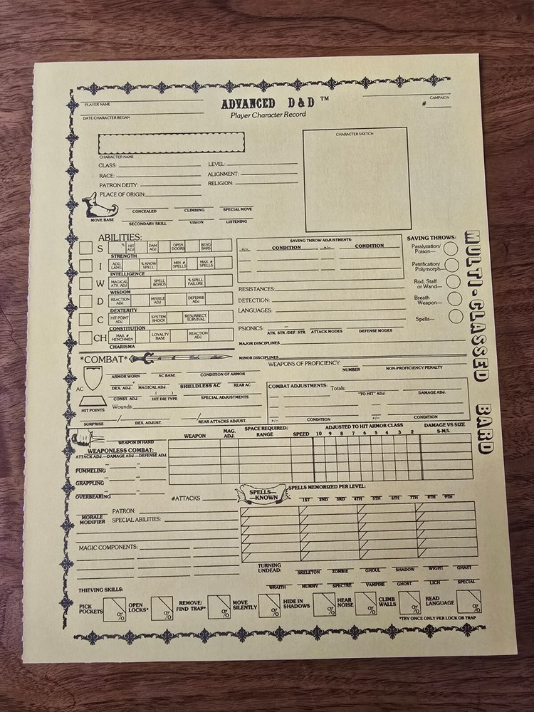 AD&D REF2 Player Character Record Sheet Singles Multi-Class/Bard TSR