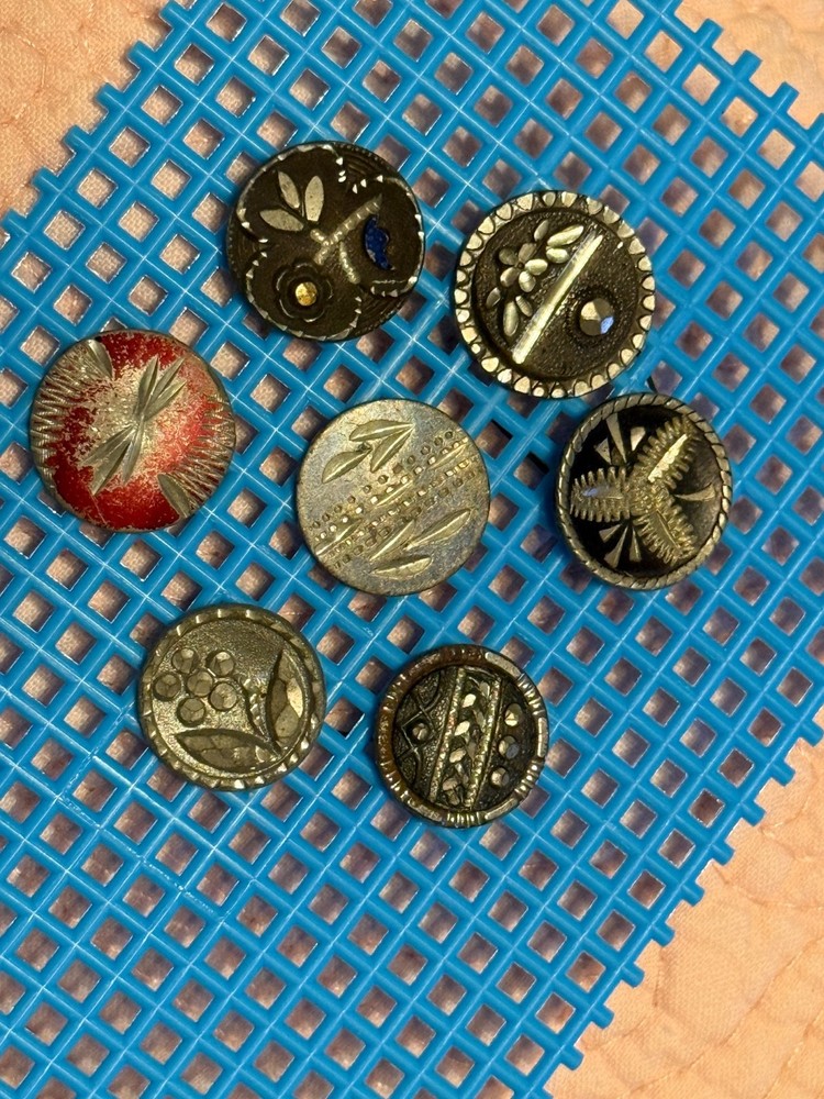 7 Antique etched Pewter small Buttons